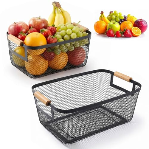 Dexpally 2 Pezzi Cestini in Filo, Cestino in Metallo, Cestini Portaoggetti con Manici in Legno per Cucina, Dispensa, Bagno, Camera Da Letto