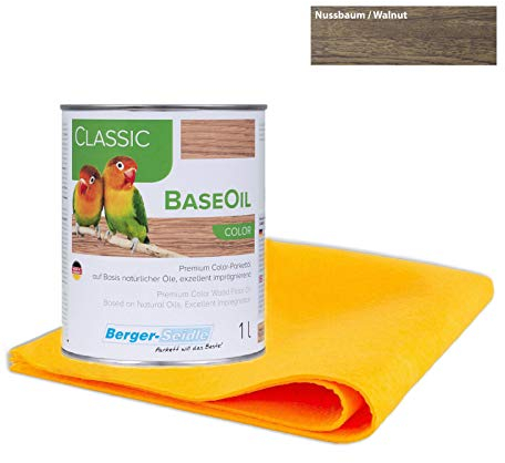 Berger Seidle Classic Base Oil | Premium Parkettöl/Pflegeöl mit Tiefenimprägnierung | | 100% natürliche Rohstoffe | 1 Liter + 1 superweiches Pflegetuch (1 Liter, Nussbaum)