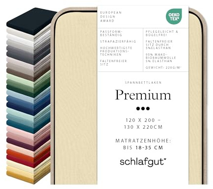 Schlafgut Premium Spannbettlaken 95% Mako Bio Baumwolle & 5% Elasthan Made in Green by Oeko Tex (120x200cm bis 130x220cm Matratzenhöhe von 18 bis 35 cm, Yellow Light)
