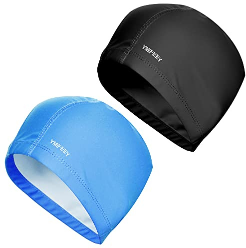 Bonnet de Bain Piscine Natation pour Adulte Bonnet de Bain Tissu PU Souple Bonnet de Natation pour Mixte Adulte Hommes Femmes (Noir + Bleu)