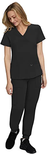 STAT MEDICAL WEAR Jogger Scrubs for Women Scrubs Set - 2 Pocket Crossover Scrub Top with 5 Pocket Jogger Pant Scrub Sets for Women 110210 (Size 2X, Color Black)