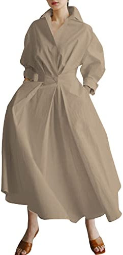 Women Maxi Shirt Dress Long Sleeve Button Smocked Waist Long Dress Loose Swing Party Dress with Pockets (Coffee, Small)