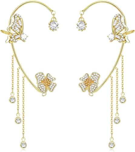 BSLVWG 2 Stück Schmetterling Ohrringe, Silber Ohr Manschette Kein Piercing, Clip Wrap Mit Blumen Quaste Für Frauen Mädchen (Gold)