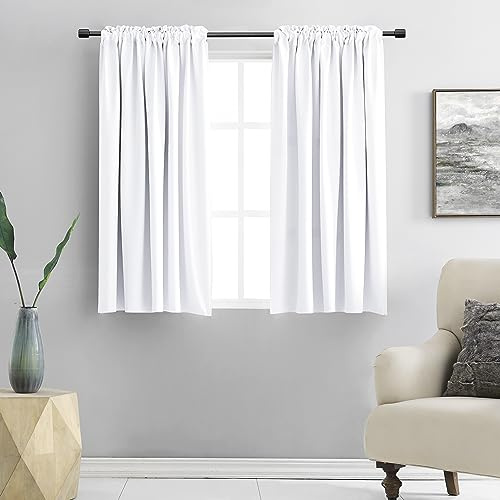 DONREN Pure White Semi Blackout Curtains 48 Inches Long for Coffee Room Bathroom Easy Care Thermal Insulated Rod Pocket Curtains 52 W x 48 L, 2 Panels