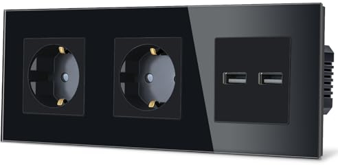 TAWOIA Schuko Wandsteckdose,2 Fach mit Doppelter USB 5V x 3,1A (Max 15W), Kristallglas Rahmen Unterputzdose,Steckdose für,16 A,Steckdose mit USB Schwarz,86 * 228 mm