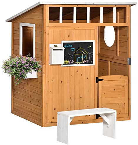 Outsunny Cabane de Jeu pour Enfant Maison de Jardin en Bois Porte et fenêtres, Banc, Boite aux Lettres, Tableau, de 3 à 8 Ans dim. 122L x 108l x 135,5H cm Jaune