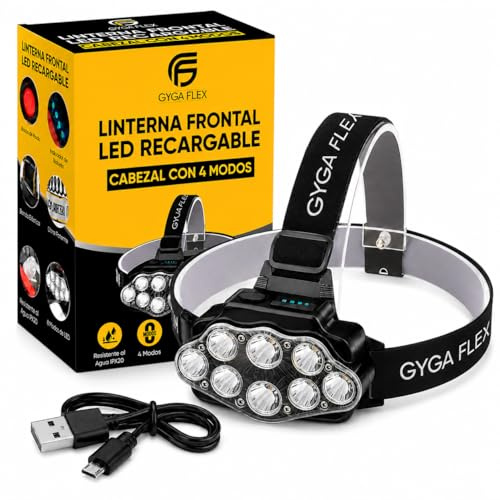 GygaFlex © Lampe frontale LED rechargeable, haute puissance avec 4 modes, portée 500 mètres, étanche IPX20, pour casque de vélo, travail, pêche, camping et chasse