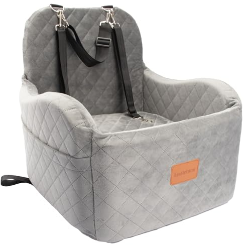 Lealchum Hund Booster Autositz für kleine/mittlere Hunde, Ultra weicher Stoff Auto Hundesitz mit erhöhtem Kissen, vollständig abnehmbar und waschbar Haustier Autositz mit 3 Riemen(Grey, Medium)