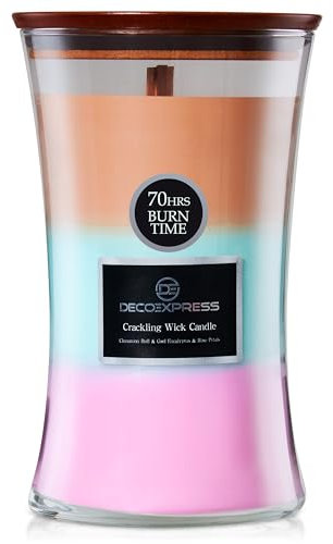 DECO EXPRESS Scented Candles with 3 Layer Scent Trilogy Crackle Wick Candle Up to 130 Hr Burn Time Hourglass Calming Home Decor Housewarming Gifts (Cinnamon Roll/Cool Eucalyptus/Rose Petals)