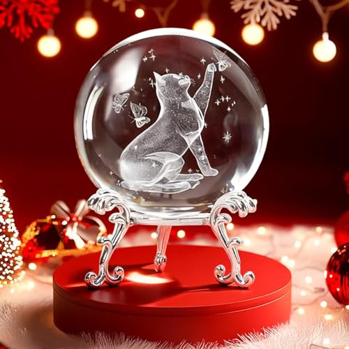 Minnhua Presse-papier en verre avec boule de cristal 3D - Boîte cadeau - Cadeau pour les amoureux des chats - Décoration d'intérieur - Cadeau de Saint-Valentin