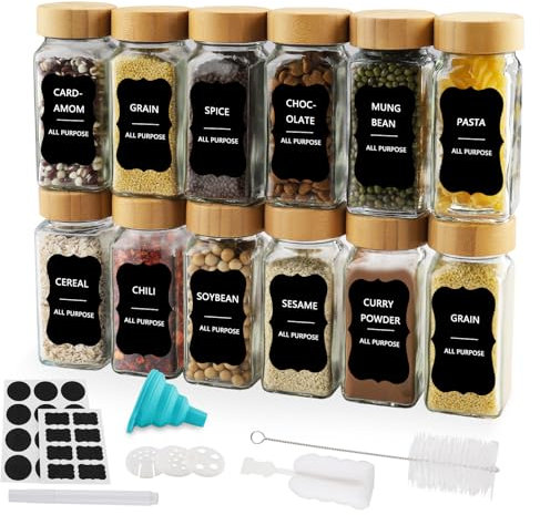 Foydream Pot à Épices en Verre et Bois,12 Pièces 120ml Carré Bocaux à Épices Boite a Epices Cuisine Rangement avec Tamis Étiquettes Entonnoir