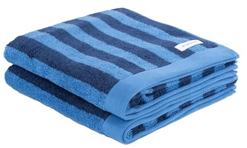TOM TAILOR Handtuch, 2er Set, 50x100 cm, 100% Baumwolle/Frottier, mit Aufhänger, COLOR BATH TOWELS MEDIUM STRIPES Blau (Dark Navy & Cool Blue)