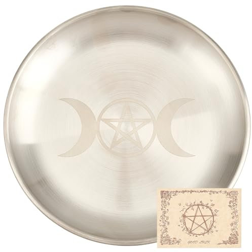 CREATCABIN Moon Ritual Plate Altar Plate Stainless Steel Flat Bowl Round Tray Prayer Offering Bowl Dish Candle Holder for Smudging Incense Burner Meditation Tarot Jewelry Dowsing Divination 5.55Inch