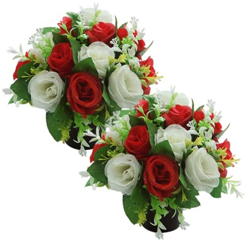 Muzrunq Flores Artificiales para tumbas, 2pcs Flores de Cementerio de Rosa Resistente a los Rosas en macetas, Adornos de tumbas de Seda para Cementerio de conmemorativas al Aire Libre.