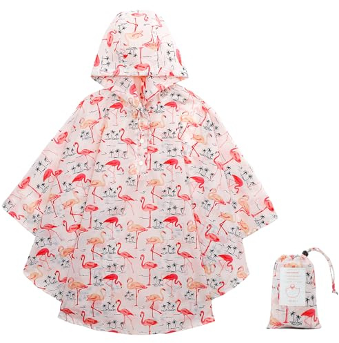 KAKU NANU Kids Poncho Waterproof Rain Poncho Reusable Toddler Rain Coat for Girls Boys Pink Flamingo 6 7 8 9 10 11 12 Years