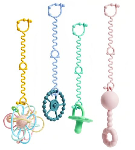 Aihoom 4pcs Attache Tétine Silicone Sans BPA, Attache-tétine et Jouet Réglable Idéal pour Poussette, Chaise Haute, Berceau, Sacs - Accessoire Bébé Sécurisé et Pratique (Rose, Bleu, Vert, Jaune)