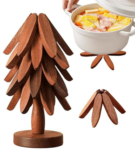 Ensemble Dessous De Plat Pliable en Forme d'arbre Dessous De Plats en Bois pour Plats Chauds, 3/5 D-essous De Plat en Bois +1 Support Rangé comme Un Sapin De, pour Casseroles Chaudes, Poêles