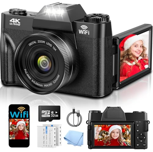 Fotocamera digitale 4K con WiFi, fotocamere compatte UHD da 75 MP, schermo flip a 180°, zoom digitale 16x, autofocus, ricaricabile, con scheda da 32 GB e 2 batterie da 1500 mAh, per bambini