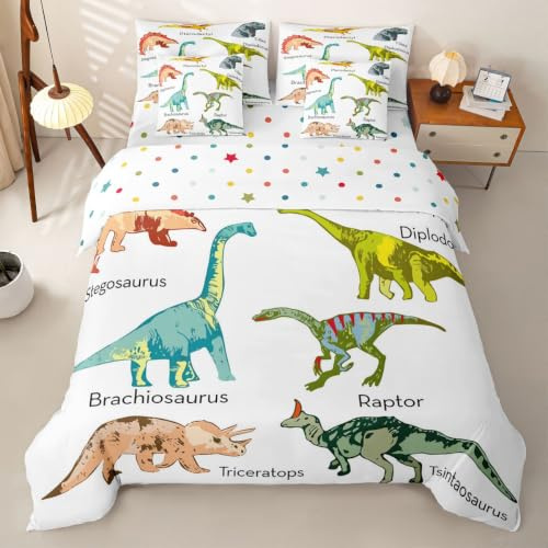 Loussiesd Dinosaurie-påslakan, king size, 7 delar, färgat dinosaurie, sängklädesset för barn, pojkar, flickor, gulligt djur, komplett sängklädesset med påslakan, lakan, örngott, sovrumsdekor