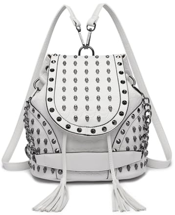 Miss Lulu Small Gothic Skulled Backpack Handbags for Women Shoulder Rucksuck with Chain Faux Leather Studded Embossed Skulls Tassels for Travel School