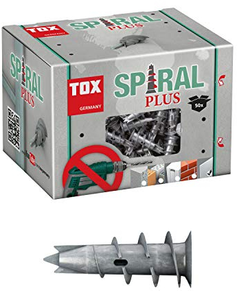 TOX Plasterboard dowel, zweilagige Gipskartonplatten + Gipsfaserplatten, ohne Vorbohren in Gipskarton, 50 Stück im Karton, 068100021 Gipskartondübel Spiral Plus 37, 32 mm, Grau, 4,5 x 32 mm