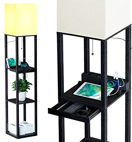 SUNMORY Stehlampe Wohnzimmer, Stehlampe mit Regal aus Massivholz, 3 Farbtemperaturen, 2 USB-Ladeanschlüsse und 1 Schublade, Stehlampen für Wohnzimmer, Schlafzimmer, Stehlampe Schwarz(Mit Glühbirne)