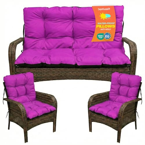 SuperKissen24. Coussin Dossier pour Banc de Jardin Canapé - 180x50 cm et Appui 180x60 cm + 2X 48x96 cm Coussin de Chaise Longue - Bain de Soleil - Intérieur/Extérieur - Imperméable - Fuchsia