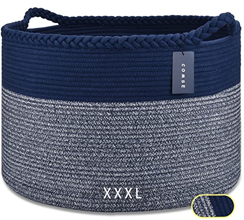 COMSE Cesto portabiancheria extra large, 55 x 35 cm, in corda di cotone, per soggiorno, giocattoli, vestiti, asciugamani, blu navy