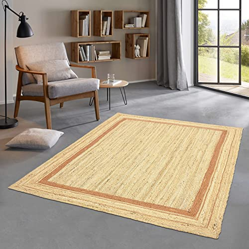 Taracarpet Jute Teppich Sisal Optik mit Bordüre Kurzflor Boho modern für Wohnzimmer Schlafzimmer nachhaltig Natur-Teppich Terracotta 120x170 cm