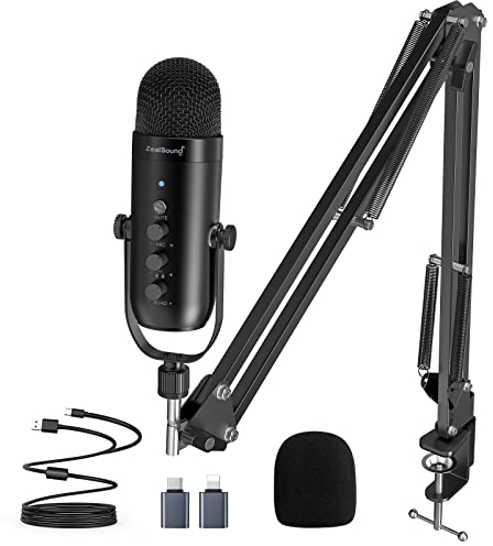 zealsound USB Microphone Set, k66 Podcast Mic with boom arn, Noise Reduce Mode, Mute, Realtime Monitor, Fit for iPhone iPad PC Mac Phones, for Recording, Gaming, Discord, YouTube, TikTok Streaming