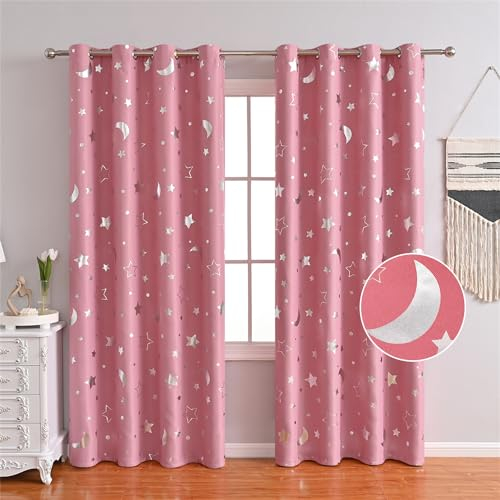 Freyamy Vorhang Blickdicht Rosa Mond Sternenvorhänge 2 Stück,183x117cm (HxB) Niedliche Vorhänge mit Ösen Lichtundurchlässig thermovorhang kälteschutz Gardinen Lärmschutz für Kindervorhänge