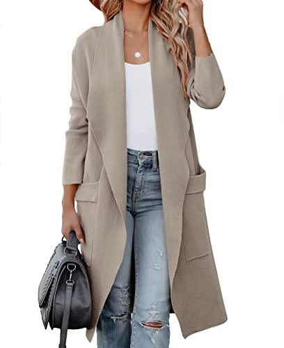 Gothden Dam Casual öppen framsida koftor lång stickad tröja kappa med fickor, Khaki, S