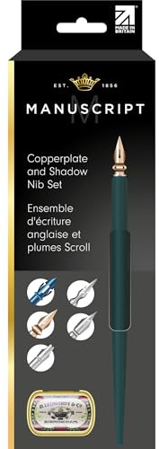 MANUSCRIPT Leonardt Ensemble de calligraphie cuivré et ombre. Comprend 1 stylo plume en bois x5 plumes variées. Un ensemble de calligraphie traditionnelle pour débutants. Un stylo d'écriture noir pour