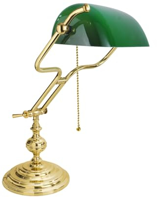 Licht-Erlebnisse Bankerlampe Grün Messing poliert 47 cm hoch verstellbar Zugschalter Echt-Messing Glas Jugendstil E27 Tischleuchte Schreibtischlampe Arbeitszimmer
