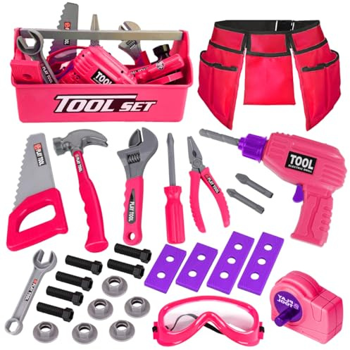 LOYO Kids Tool Set - 30Pcs Pretend Play Tool Toys with Kids Tool Belt, Electric Toy Drill, Construction Tool Box Kit Kids Toys Gift for Girl Boys Age 3 4 5 6 Years Old（Pink）