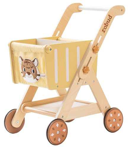 ROBUD Kinder Einkaufswagen aus Holz - Geschäft und Küchenzubehör - Rollenspielzeug - Gelb