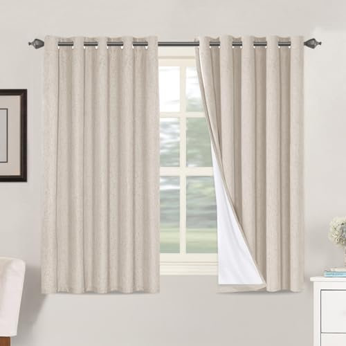 BellaHills 100% Blackout Curtains for Bedroom Eyelet Linen Curtains for Living Room with White Coating Back Grommet Thermal Insulated Curtain 2 Panels, 66 x 54 Inch, Natural