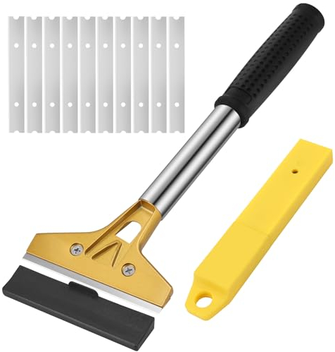 Lvefyti Juego de quitapapeles pintados con 10 cuchillas de repuesto y funda, rascador de papel pintado de 4 pulgadas con mango de goma antideslizante, rascador de suelo, rascador de colores, rasqueta