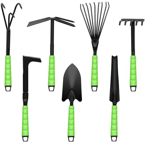 Kizaten 7 Pcs Ensemble Outils de Jardinage-Outils Jardinage Comprenant Une Truelle,Binette Double,Grattoir à Joints,Râteau à Main,Truelle à Fleurs pour Repiquage et Entretien