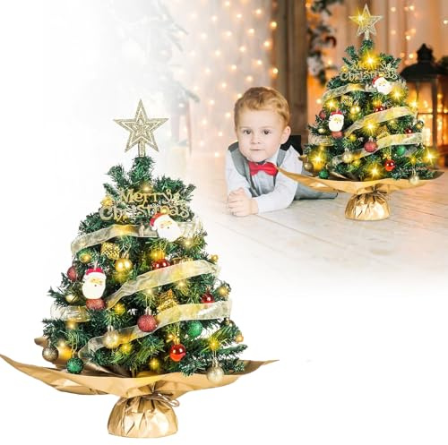 Forhandy Mini julgran 60 cm liten julgran med belysning LED, julgran konstgjord med stjärnträdspets, juldekoration röd för jul och nyår hus kontor dekoration