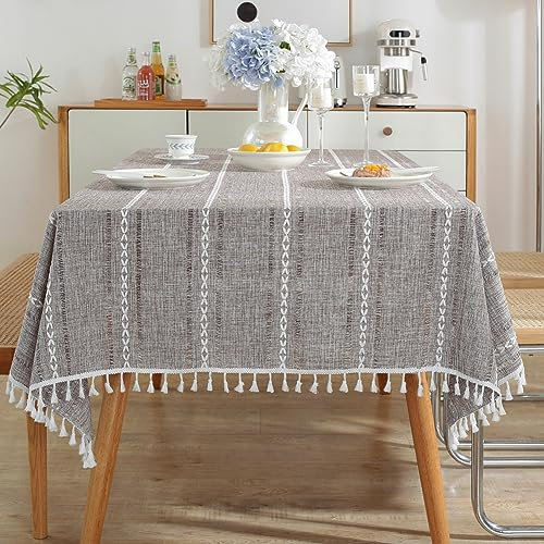 meioro Böhmische Tischdecke für Küche Dekoration, 140x180cm Makramee Tischtuch mit Quasten, Rechteckige Leinen Tischwäsche, Gestreifte Tafeldecke Mesh Tischdecken für Esstisch Tabletop(Braun)