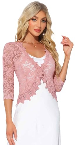 Allegra K Coprispalle in pizzo floreale da donna per sera di Natale maniche a 3/4 formale elegante bolero cardigan, rosa, L