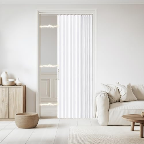 Jilron Accordian Door Curtain, 100% Blackout Folding Magnetic Doorway Curtains,Linen Style Closet Doors,for Room Divider,Privacy Protection（W52 x L78,White,1 Panel）