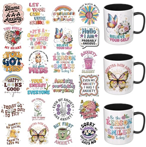 DORSBABY UV DTF Stickers 24PCS Psychological Health UV DTF Cup Wrap