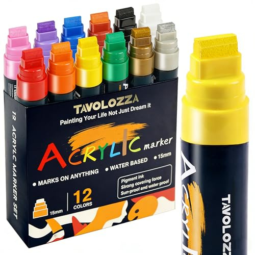 Jumbo Markers 12 Colors, Graffiti Markers-Include Gold Silver, 15MM Felt Tip Acrylic Paint Marker, Thick Jumbo Marker for Posters Board, Fabric, Canvas, Window, Wood, Teachers, Banner, Glass