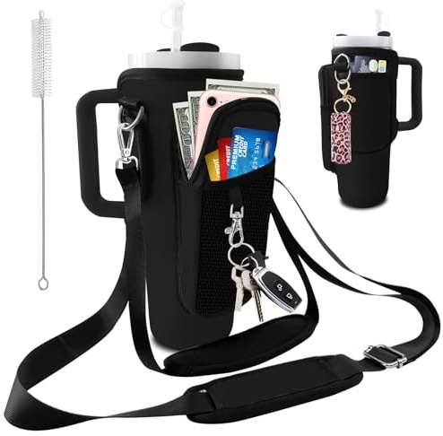 bolimoss Stanley Cup Bag, Black Insulated Neoprene Water Bottle Carrier Fits 40oz Tumble, Stanley Cup Accessories Holder 2 Adjustable Straps & 3 Pockets Phone Pocket, for Travel Hiking