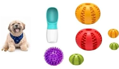 4-i-1-hundleksaksset – drickflaska 350 ml grön och 2 godisbollar (7 cm) + 1 pipande boll (6 cm) – interaktiv hundleksak för arbete och träning (orange lila röd)