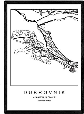 Nacnic Lámina mapa de la ciudad Dubrovnik estilo nordico en blanco y negro. Poster tamaño A4 Sin marco Impreso papel 250 gr. Cuadros, láminas y posters para salon y dormitorio