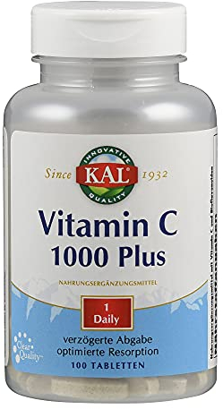KAL Vitamin C 1000+ SR | 1000mg | 100 Tabletten | vegan | glutenfrei | ohne Gentechnik | laborgeprüft | Nahrungsergänzungsmittel mit VitaminC & Bioflavonoiden | Zellschutz | Stoffwechselprozesse
