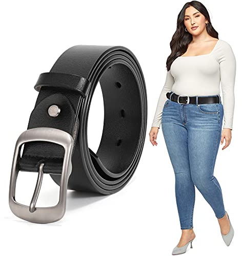 JASGOOD Women Leather Plus Size Belt Black Casual Waist Belt for Jeans Pants with Metal Pin Buckle(A-Black.Fit Waist Size 53''-57'')